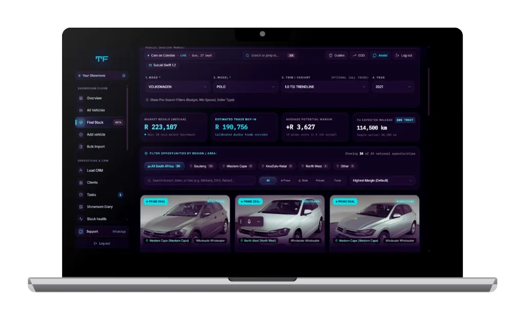 TruHunter Wholesale Sourcing Hub running on a MacBook showing live market resale median, trade buy-in corridor, province filters, and live market feeds